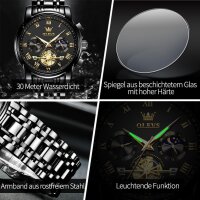 OLEVS Herren Quarzuhr, Edelstahl, Modell mit römischen Zahlen, Mondphasenanzeige, wasserdicht, leuchtende Zeiger, klassisch-elegantes Design, schwarz-goldenes Armband, stilvolle Armbanduhr für Männer
