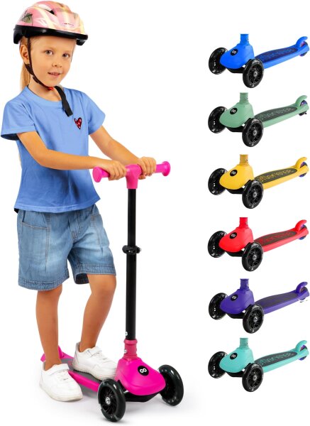 SereneLife SLKSC11PN Dreirad-Kinderroller Pink, faltbar, LED-Räder, höhenverstellbarer Lenker, Hinterradbremse, Gewichtslenkung, rutschfestes Deck – Für Kinder ab 3 Jahren bis 50 kg