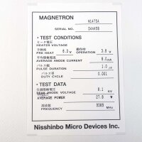Nisshinbo M1475A Magnetron, X-Band, Mikrowellen-Bauteil, kompakt, hohe Frequenzstabilität, ideal für Radar- und Kommunikationssysteme, robuste Bauweise, zuverlässige Leistung, präzise Signalabgabe, langlebig, vielseitig einsetzbar.