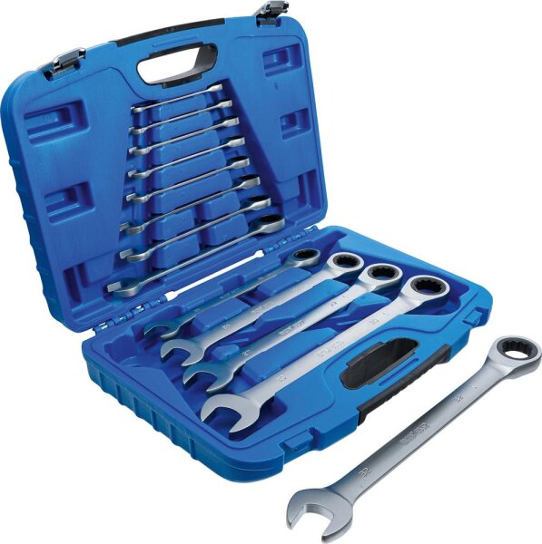 BGS 13-piece ratchet wrench set 8-32mm, model 6524, open-end/ring combination wrenches, fine-toothed ratchet mechanism, robust design, versatile for automotive and workshop use, precise sizes, durable, handy