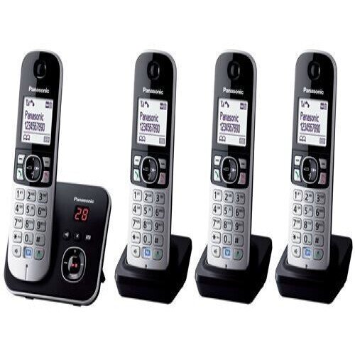 Panasonic KX-TG6824FRB Quattro DECT-Telefon-Set, 4 schnurlose Mobilteile, Anrufbeantworter, Freisprechfunktion, großes Display, Telefonbuch, schwarze Basisstation, komfortable Bedienung