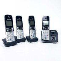 Panasonic KX-TG6824FRB Quattro DECT-Telefon-Set, 4 schnurlose Mobilteile, Anrufbeantworter, Freisprechfunktion, großes Display, Telefonbuch, schwarze Basisstation, komfortable Bedienung