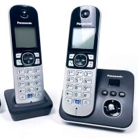 Panasonic KX-TG6824FRB Quattro DECT-Telefon-Set, 4 schnurlose Mobilteile, Anrufbeantworter, Freisprechfunktion, großes Display, Telefonbuch, schwarze Basisstation, komfortable Bedienung