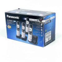 Panasonic KX-TG6824FRB Quattro DECT-Telefon-Set, 4 schnurlose Mobilteile, Anrufbeantworter, Freisprechfunktion, großes Display, Telefonbuch, schwarze Basisstation, komfortable Bedienung