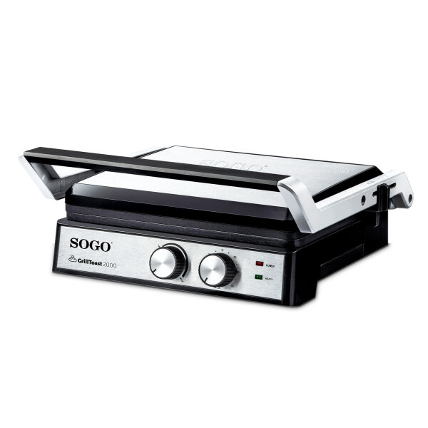 SOGO SS-7132 Sandwichmaker-Grill, 4 Scheiben, 2000W, Kontaktgrill, Antihaftplatten, 29x24,6 cm, Cool-Touch-Griff, Überhitzungsschutz, für Panini, Toast, Snacks, Edelstahl-Design