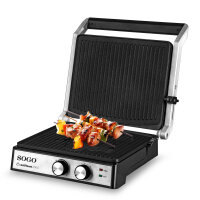 SOGO SS-7132 Sandwichmaker-Grill, 4 Scheiben, 2000W, Kontaktgrill, Antihaftplatten, 29x24,6 cm, Cool-Touch-Griff, Überhitzungsschutz, für Panini, Toast, Snacks, Edelstahl-Design