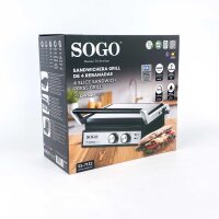 SOGO SS-7132 Sandwichmaker-Grill, 4 Scheiben, 2000W, Kontaktgrill, Antihaftplatten, 29x24,6 cm, Cool-Touch-Griff, Überhitzungsschutz, für Panini, Toast, Snacks, Edelstahl-Design