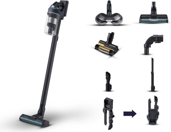 Samsung VS20C852FTB Handstaubsauger, kabellos, beutellos, Schwarz/Blau, leistungsstark, leicht, vielseitig, für Teppich & Hartboden, mit Zubehör, kompakt, einfache Reinigung