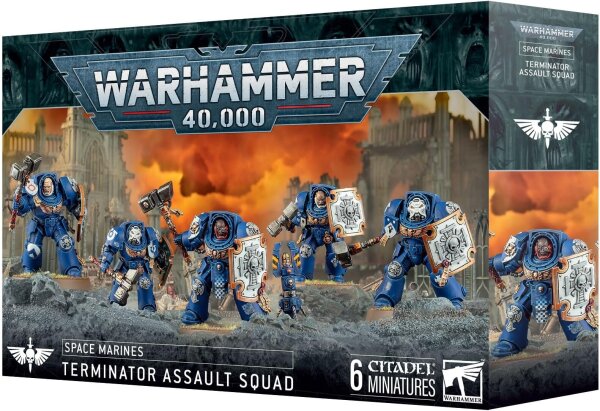 Warhammer 40,000 Space Marines Terminator Assault Squad, Games Workshop 48-34, 6 miniatures, elite unit for tabletop gaming, versatile equipment options, highly detailed models, perfect for collectors and players.