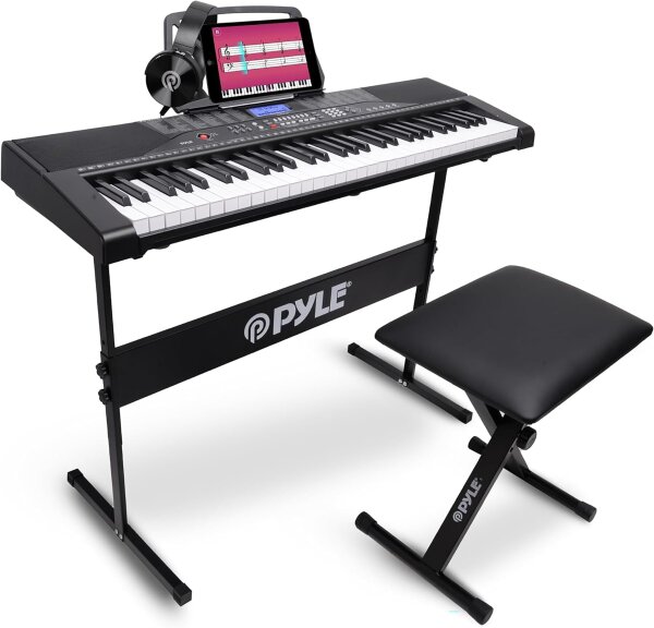 Pyle Keyboard Piano 61 Keys, Electric Piano Set for Beginners, incl. Stand, Stool, Headphones, Music Rest, LCD, Portable