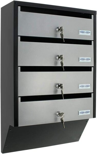 Rottner Depot 4 mailbox system, steel, silver/black, 4 compartments, nameplate holder, cylinder lock, 2 keys per compartment, 600x385x140 mm, incl. mounting material