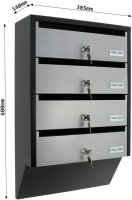 Rottner Depot 4 mailbox system, steel, silver/black, 4 compartments, nameplate holder, cylinder lock, 2 keys per compartment, 600x385x140 mm, incl. mounting material