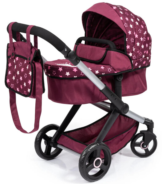 Bayer Design 17023AA Kombi-Puppenwagen, verstellbarer Griff, Jogger-Option, schwenkbare Vorderräder, mit Tasche, bordeaux