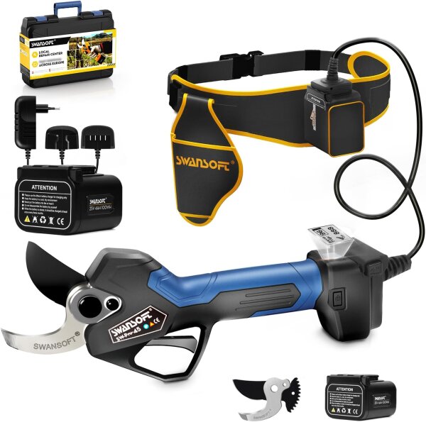 SWANSOFT PRU45PLUS B Cordless Garden Shears 45 mm, 1150 W, Telescopic Pruning Shears, Electric, Precise Cut for Trees, Roses, Vines, Black/Blue