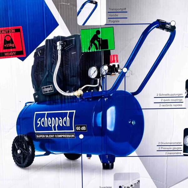 Scheppach HC51Si Kompressor, ölfrei, Silent, Doppelzylinder, leise, 50L, Druckluft, Flüsterbetrieb