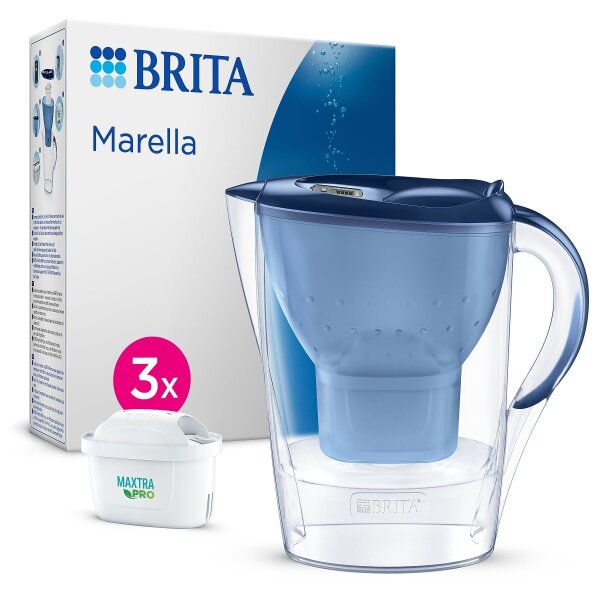 BRITA Marella Wasserfilterkanne, 3 Filter, Blau/Transparent, 2,4L, Kalkreduzierung, spülmaschinengeeignet