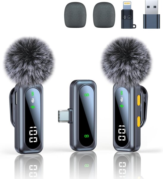 Wireless mini microphone with LED display, noise cancellation, battery indicator, compatible with iPhone & USB-C, ideal for vlogging & TikTok