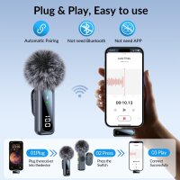 Wireless mini microphone with LED display, noise cancellation, battery indicator, compatible with iPhone & USB-C, ideal for vlogging & TikTok