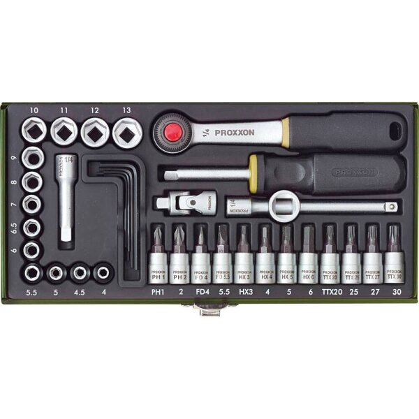 Proxxon Industrial 23080 Socket Wrench Set, 36-piece, 1/4" Ratchet, 4-13mm, Metric, Fine Tooth, Robust Case