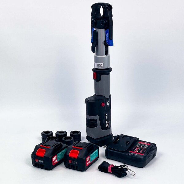 MEZ battery-powered crimping machine MEZ 1525-50, used, including 2 batteries, charging station, 6 attachments, original packaging damaged