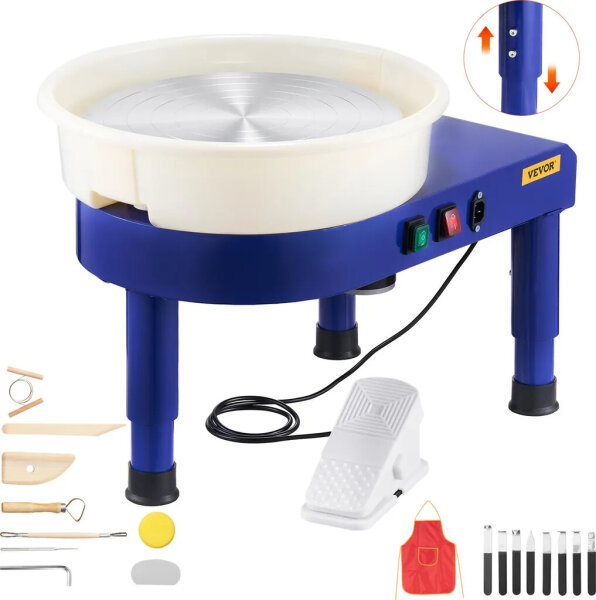 VEVOR potters wheel 35 cm, ceramic machine with pedal, adjustable feet, removable basin, 60–300 rpm, incl. tool set