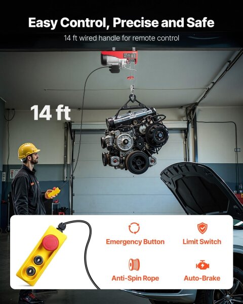 VEVOR Electric Hoist 598.7 kg, Model with Remote Control, 110V, 4.3 m Cable, Lifting Device for Workshop, Warehouse, Construction Site, Attic