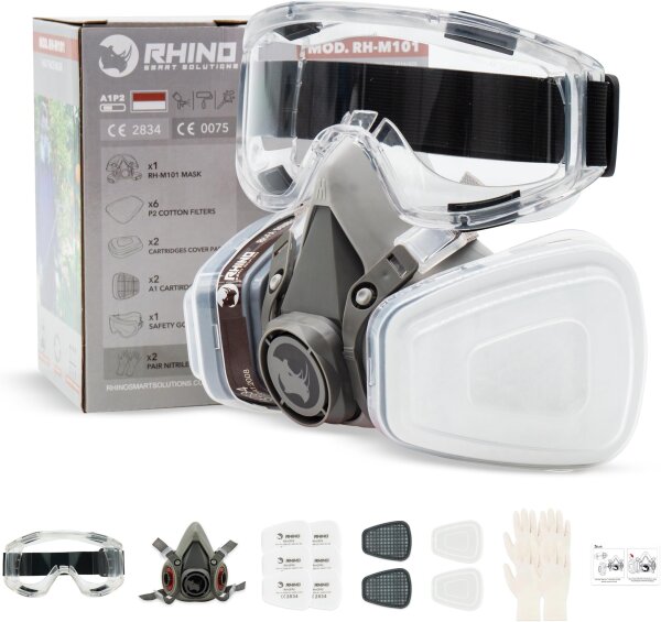 RHINO Smart Solutions A1P2 respirator, gas mask for painting, grinding, fine dust, including filter, safety goggles, and gloves