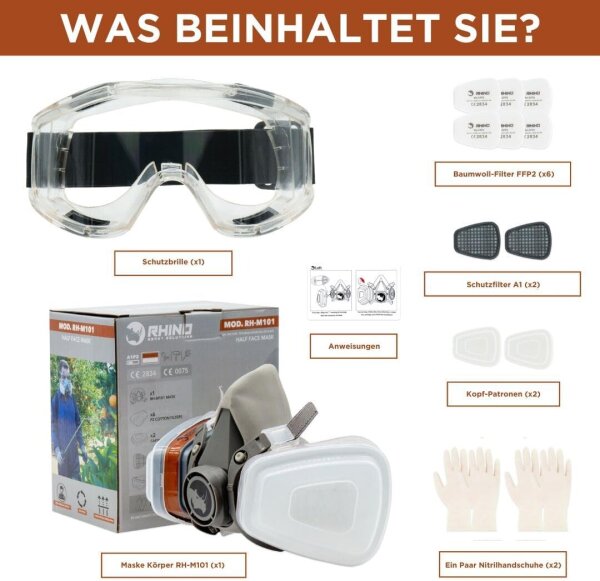 RHINO Smart Solutions Atemschutzmaske A1P2, Gasmaske für Lackieren, Schleifen, Feinstaub, inkl. Filter, Schutzbrille, Handschuhe
