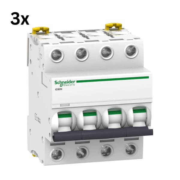 3x Schneider Electric A9F77463, 4-polig, 63A, Charakteristik C, Acti9 iC60N Serie Leitungsschutzschalter