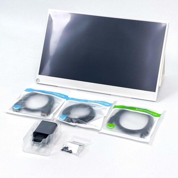 Portable 15.6 inch monitor, white, versatile input voltage 5V-12V, compact and mobile