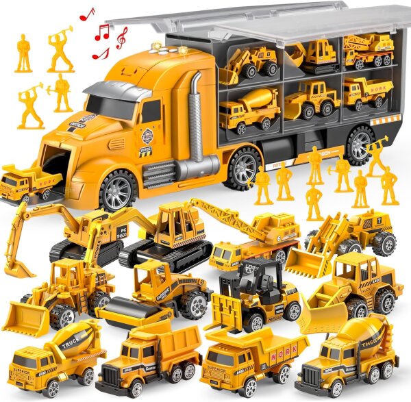 Isu Toys 25-in-1 Druckguss-Baufahrzeugset mit Licht & Sound, Transporter, Bagger, Kipper, Traktor, Geschenk für Jungen ab 3 Jahren