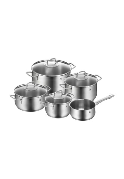 WMF Brillant Kochtopf-Set 5-teilig aus Edelstahl, induktionsgeeignet, 5 Töpfe mit 4 Deckeln, silberfarben