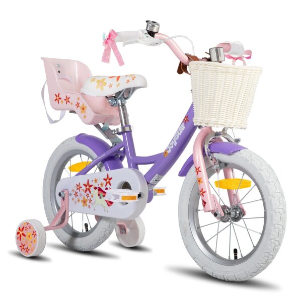 Joystar 14 Zoll Kinderfahrrad Mädchen mit Puppensitz, Stützräder, Korb, Schutzbleche, V-Brake-Bremsen, Lila
