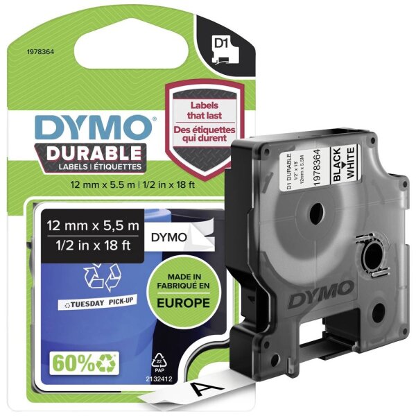 Dymo label tape cassette 12 mm x 5.5 m White tape with black lettering