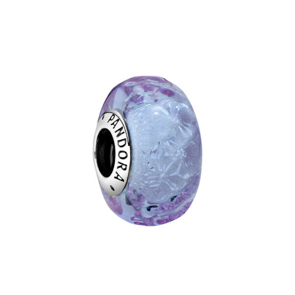 PANDORA charm pendant in lavender blue Murano glass, wavy shape, silver details