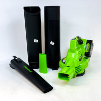 Greenworks 48V Akku Laubsauger Laubbläser mit Schultergurt, bürstenloser Motor, 322 km/h, 9 m³/min, 45L Fangsack, Ladegerät, Kratzer