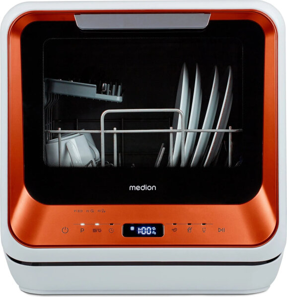 MEDION DWT20 Mini Dishwasher 860W, 2 place settings, 6 programs, delayed start, freestanding, bronze, no water connection required
