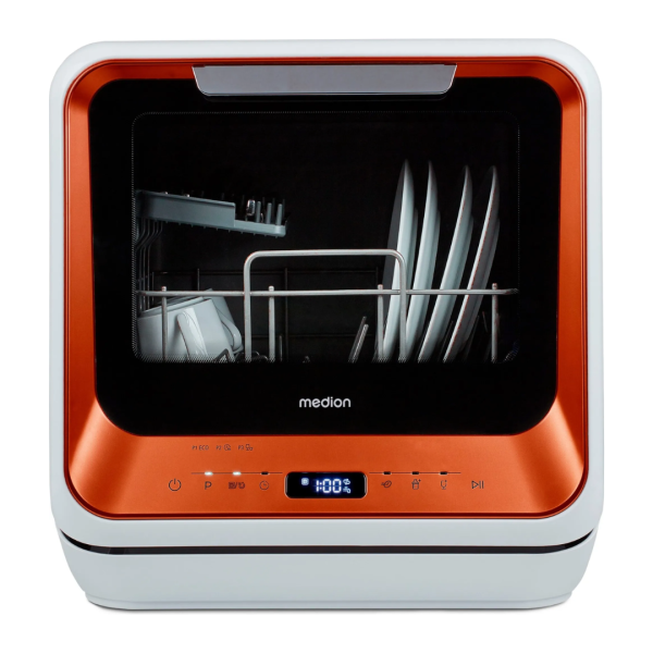 MEDION DWT20 Mini Geschirrspüler 860W, 2 Maßgedecke, 6 Programme, Startzeitvorwahl, freistehend, bronze, ohne Wasseranschluss möglich