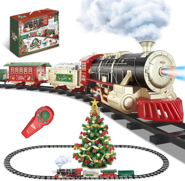 Remote-controlled electric train with steam, lights, sound, 4 carriages, 14 tracks, toy for children 4-8 years, Christmas tree decoration