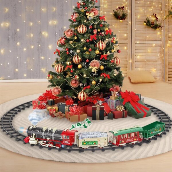 Ferngesteuerte elektrische Eisenbahn mit Dampf, Licht, Sound, 4 Waggons, 14 Schienen, Spielzeug für Kinder 4-8 Jahre, Weihnachtsbaum-Dekoration