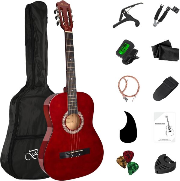 Akustische Reisegitarre Starter-Set mit Stimmgerät, Kapodaster, Saiten, Gurt, Plektren, Schlagbrett und Gigbag für Anfänger, Kinder, Teenager, Studenten