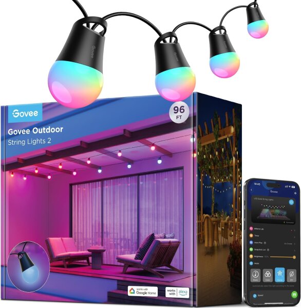 Govee Outdoor LED Lichterkette 30m, dimmbar, RGBICW, 16 Mio Farben, 47 Modi, 100lm/LED, 25000h, IP65, Alexa & Google kompatibel