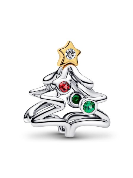 Pandora Christmas tree charm pendant with red and green crystals, silver, festive jewelry pendant