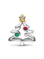 Pandora Christmas tree charm pendant with red and green crystals, silver, festive jewelry pendant