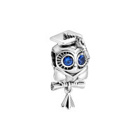 PANDORA Charm Pendant White Owl Graduation Silver Blue...