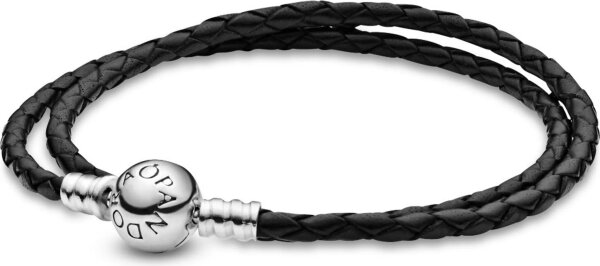 Pandora leather bracelet 35cm, double wrap, black-silver, fashion accessory