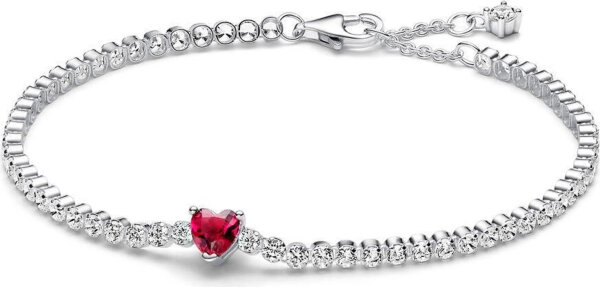 Pandora Armband 20cm, Tennisarmband mit funkelndem rotem Herz, Silber und Rot