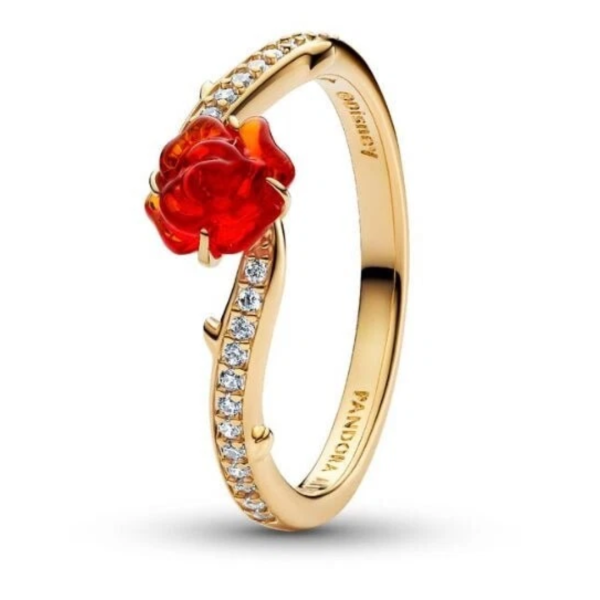 Pandora Disney Beauty and the Beast Enchanted Rose Ring Size 50, Gold and Red, Jewelry