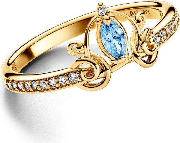 Pandora Disney Cinderella Kutschenring Größe 54, Gold mit blauen Akzenten, eleganter Schmuck