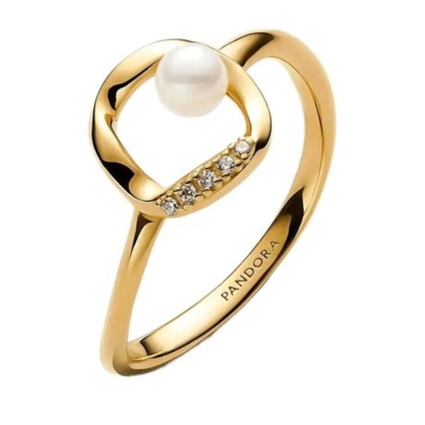 Pandora Ring Größe 50, 14K vergoldet, mit weißer Süßwasserzuchtperle, Gold und Weiß